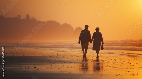 Fototapeta Naklejka Na Ścianę i Meble -  Elderly couple holding hands, walking on a beach at sunset, serene, romantic, warm glow