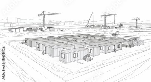 Construction site showcasing numerous shipping containers being assembled into a temporary housing complex.