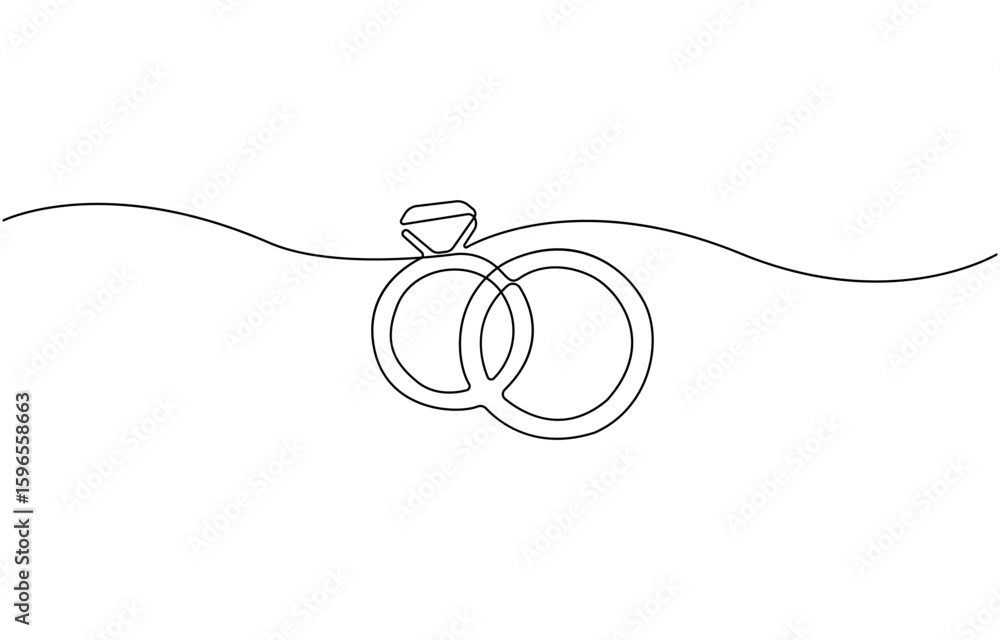 Obraz premium Wedding rings continuous one line drawing. Hand drawn proposal engagement and love marriage concept, Diamond ring outline drawing illustration. one continuous line drawing of wedding ring.