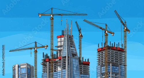 Illustration of skyscrapers under construction with cranes against a clear blue sky.