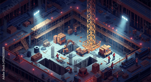 Isometric view of a construction site with workers, machinery, and a crane.