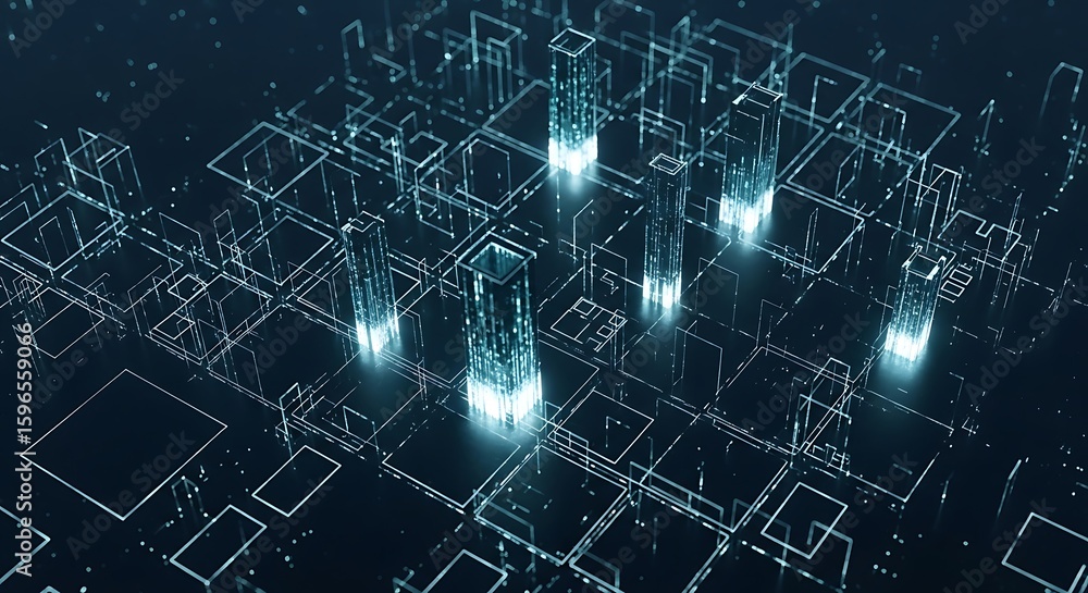 Fototapeta premium Abstract digital cityscape glowing with vibrant energy, showcasing interconnected structures and data flow.