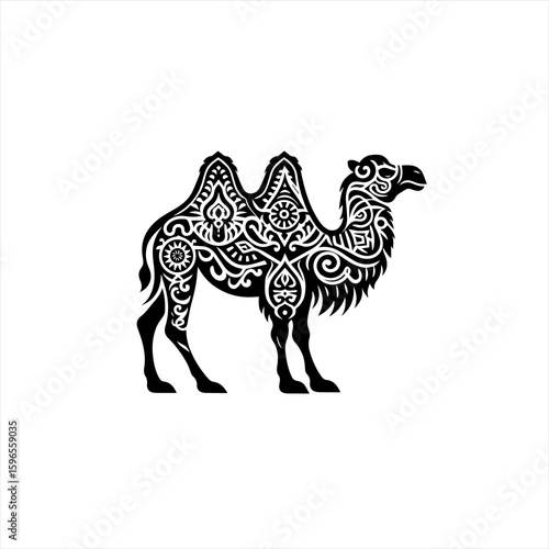 Ornate Black Camel Silhouette with Intricate Patterns.