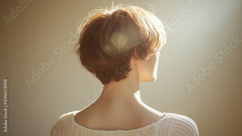Woman with short auburn hair, bathed in sunlight