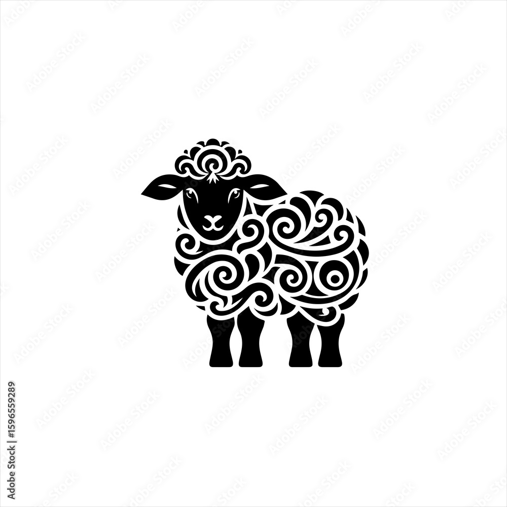Ornate Black Sheep Silhouette with Swirls. Ornate Black Sheep Silhouette with Swirls.