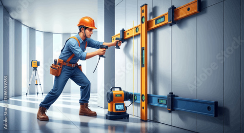 Construction worker uses a laser level and clamps to align a structure against a curved wall.