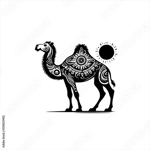 Ornate Camel Silhouette with Sun Symbol.