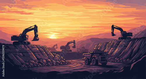 Mining equipment at a quarry at sunset, with dramatic colors and rugged terrain.