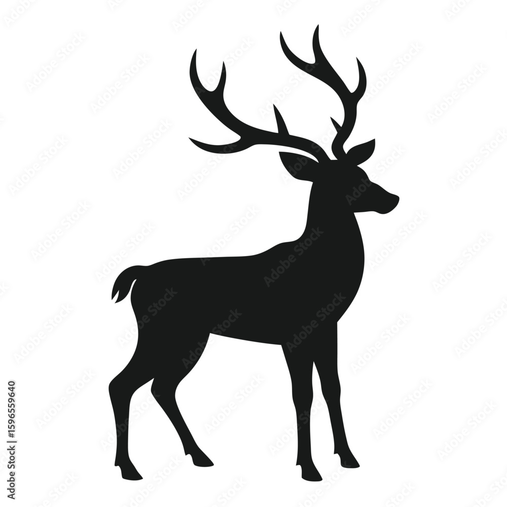 A black silhouette of a deer with antlers stands on a white background A black silhouette of a deer with antlers stands on a white background