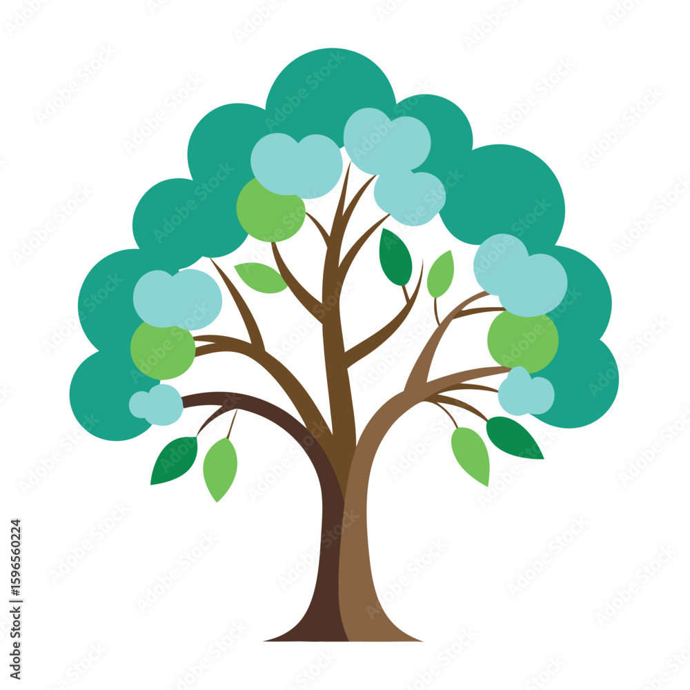 Obraz premium A whimsical tree with teal leaves and blue cloudlike accents isolated on white background