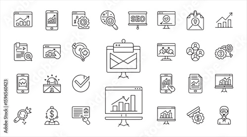 Collection of web icons related to Business and Finance in a line style. Includes money, dollar signs, infographics, and banking elements. Vector illustration.