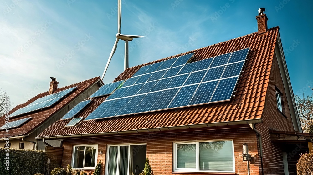 Fototapeta premium Sustainable home energy with solar panels and wind turbine