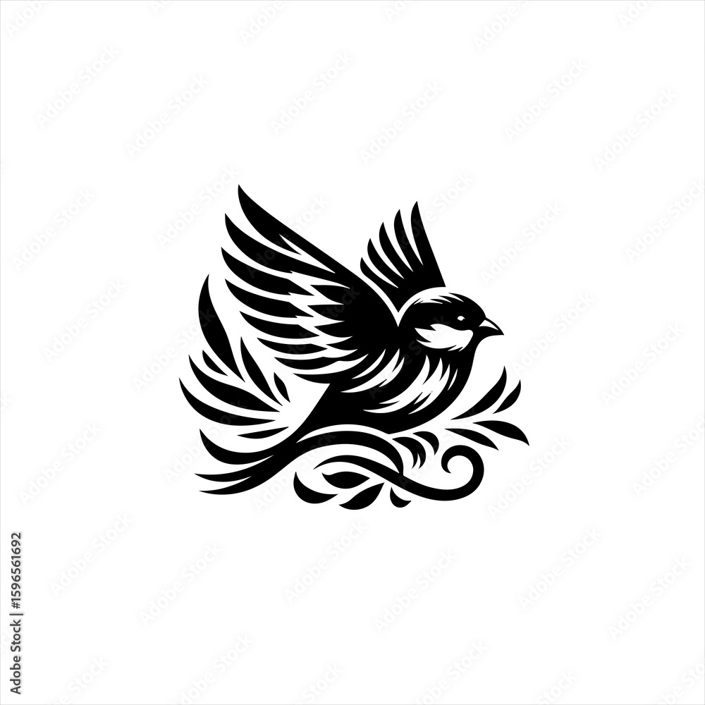 Obraz premium Stylized Black Bird in Flight with Floral Accents.