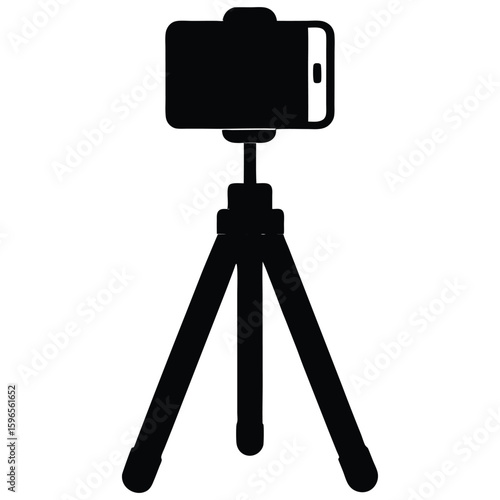 A phone is mounted on a tripod isolated on white background