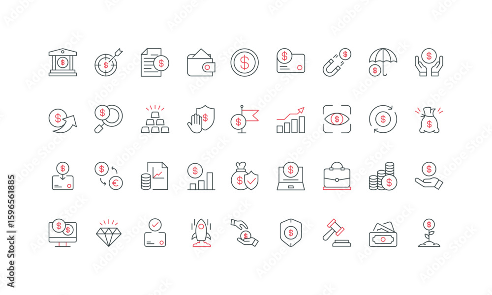 Fototapeta premium Finance, bank payment and economic growth, currency exchange, fund line icon set. Financial investment, capital protection, auction, accounting thin black and red outline symbols vector illustration