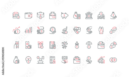 Finance income, pension and deposit, financial margin, expenses and budget line icon set. Passive income and cryptocurrency, millionaire wealth thin black and red outline symbols vector illustration