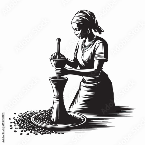Silhouette of Traditional Village Woman Grinding Spices in Rural Setting  
