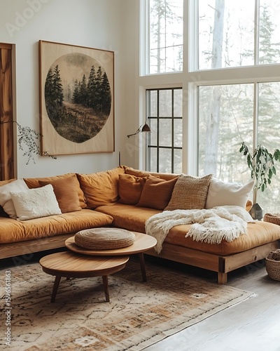 Mid-century modern living room with natural light – cozy mid-century modern decor and wooden furniture in a stylish mid-century modern interior