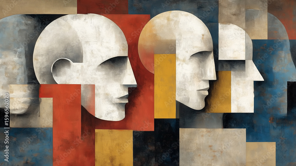 Fototapeta premium Geometric Human Faces Modern Cubist Art