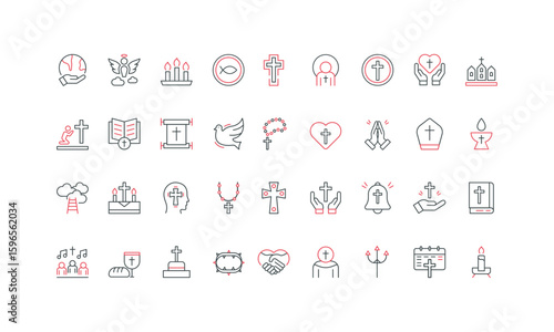 Christian religion, religious community and holidays celebration, hope and belief in God line icon set. Bible and cross, altar and rosary, lent thin black and red outline symbols vector illustration