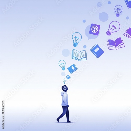 E-learning and personal development concept, a person listening to a podcast or audiobook and gaining knowledge and ideas.