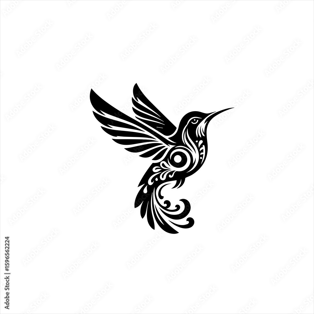 Fototapeta premium Stylized Black Hummingbird with Ornate Wings and Tail.