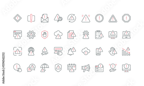 Warning information, error message of problem line icon set. Triangle, circle, octagon, rhombus signs with exclamation point to stop and warn thin black and red outline symbols vector illustration