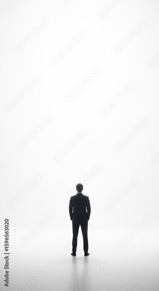 Solitary Businessman Facing Bright Future, Minimalist Back View Solitary Businessman Facing Bright Future, Minimalist Back View