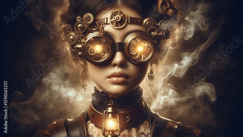 Steampunk woman with glowing goggles and ornate accessories, enveloped in steam.