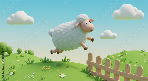 A cartoon sheep leaps joyfully over a grassy hill with a fence.
