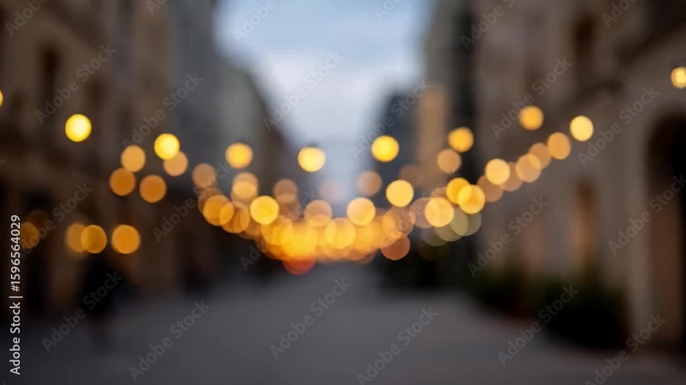 Soft focus on string lights illuminating a city street, urban ambiance w/ bokeh effect, romantic evening setting for cityscape storytelling city lights creating a dreamy atmosphere, ideal for holiday