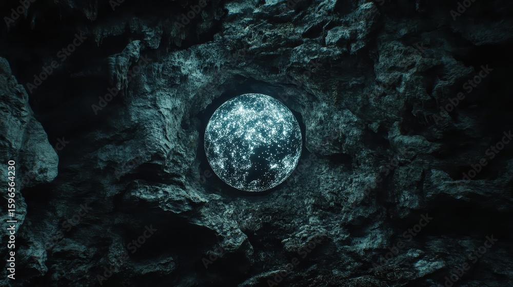 Fototapeta premium Mysterious Cave Opening Revealing Sparkling Celestial Sphere