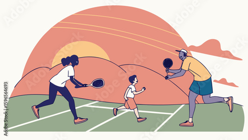 Family playing tennis outdoors at sunset with a woman man and child on a green tennis court area