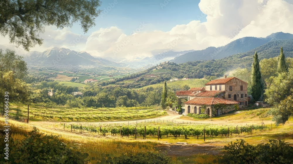 Obraz premium Picturesque countryside estate nestled within a valley.
