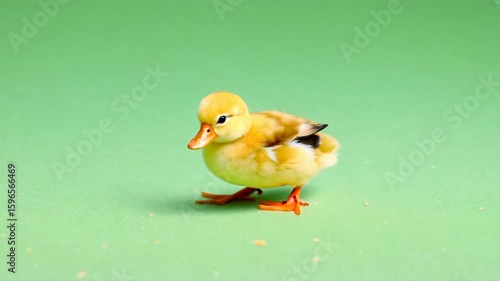 Small, yellow duckling waddling and hopping playfully on a flat, solid green background.