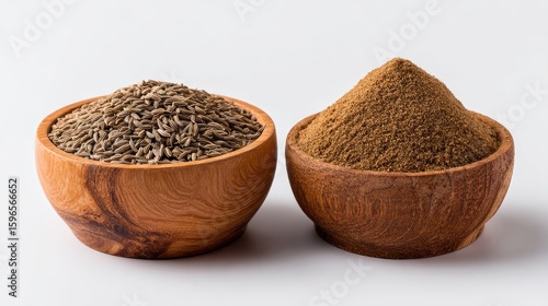 Two Wooden Bowls of Cumin Seeds and Powder on White Background