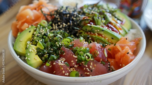 A bowl of colorful and fresh poke bowl with diced fish, avocado, seaweed salad, and rice.