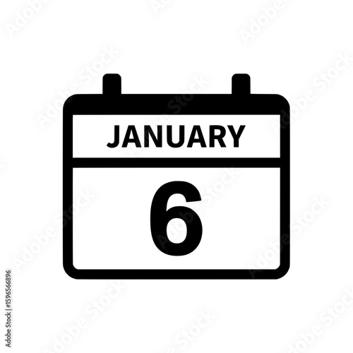 Black vector icon illustration of a calendar displaying January 6th. 