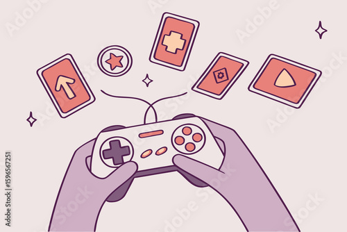 Hands holding a game controller with floating cards and coin in a stylized cartoon illustration