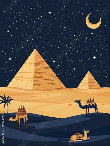Calm desert night scene with cartoon camels, pyramids and sky full of stars, designed for early learning visuals and relaxing nursery art