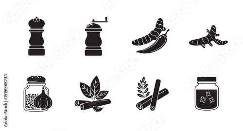 Black and white illustrations of various spices and seasonings for culinary and cooking themes.