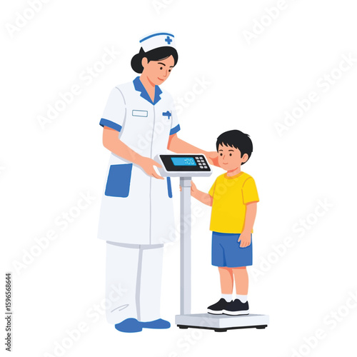 A nurse assists a young child during a weight and health checkup.