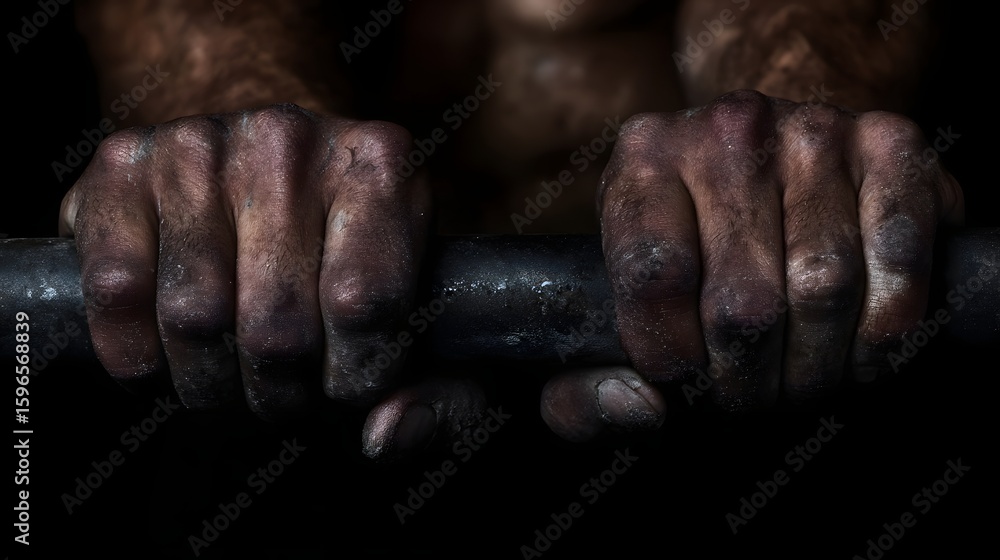 Fototapeta premium Calloused hands gripping a pull up bar with intense focus