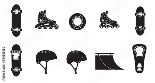 Black and white silhouette collection of skateboarding rollerblading and protective gear