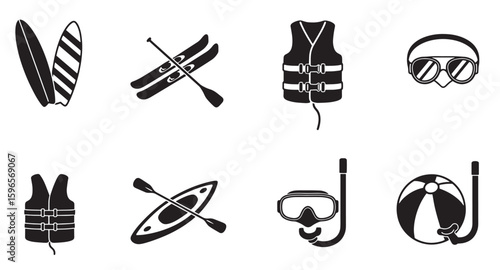 Black and white summer sports and water activities icon set on white background