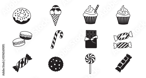 Black and white sweet treats collection including donuts ice cream cupcakes and candies