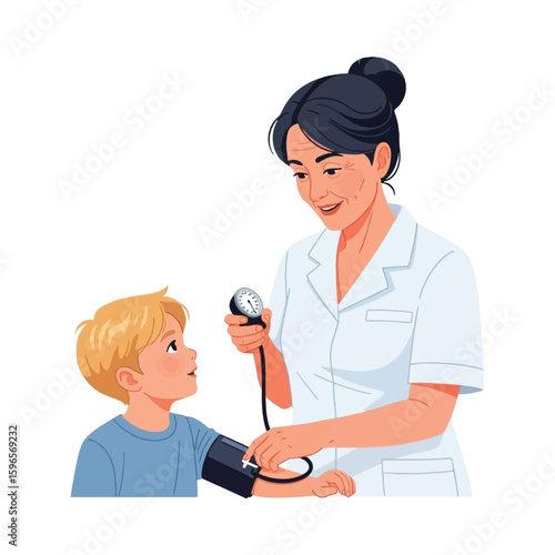 A friendly nurse takes a child's blood pressure, a caring medical interaction.