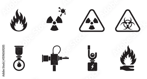 Black and white vector icons of dangerous materials and hazards including flames and radiation