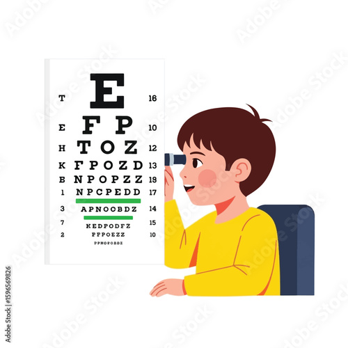 Young boy undergoing an eye exam, using a phoropter to read an eye chart.
