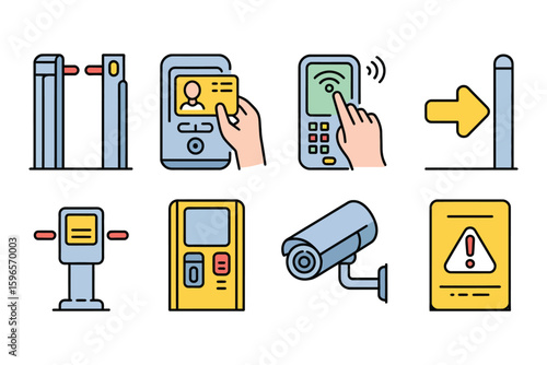 Set of factory entrance icons in flat style for security, access control, and safety design

